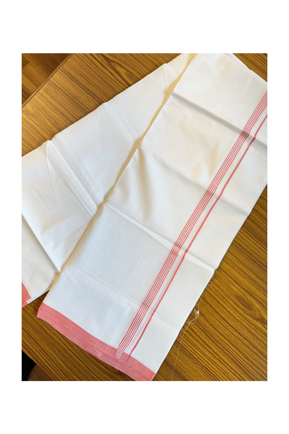 26% DISCOUNT!!! KaithariKada Balaramapuram 100% Cotton Double PURE white Mundu/Dhoti - 100x100 - PEACH PINK Striped kara - 1KK84CEE
