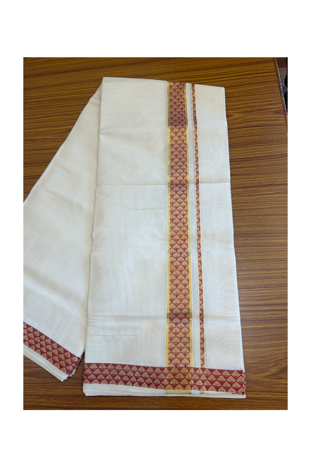 18 % DISCOUNT ! KaithariKada HANDLOOM Unakkupaav Balaramapuram - 100% PURE Cotton 4.44 Meter Off White (Unbleached) Double Mundu/Dhoti - Brick Red Flower & KASAVU DESIGN 2.5 Inch KARA- ABH19