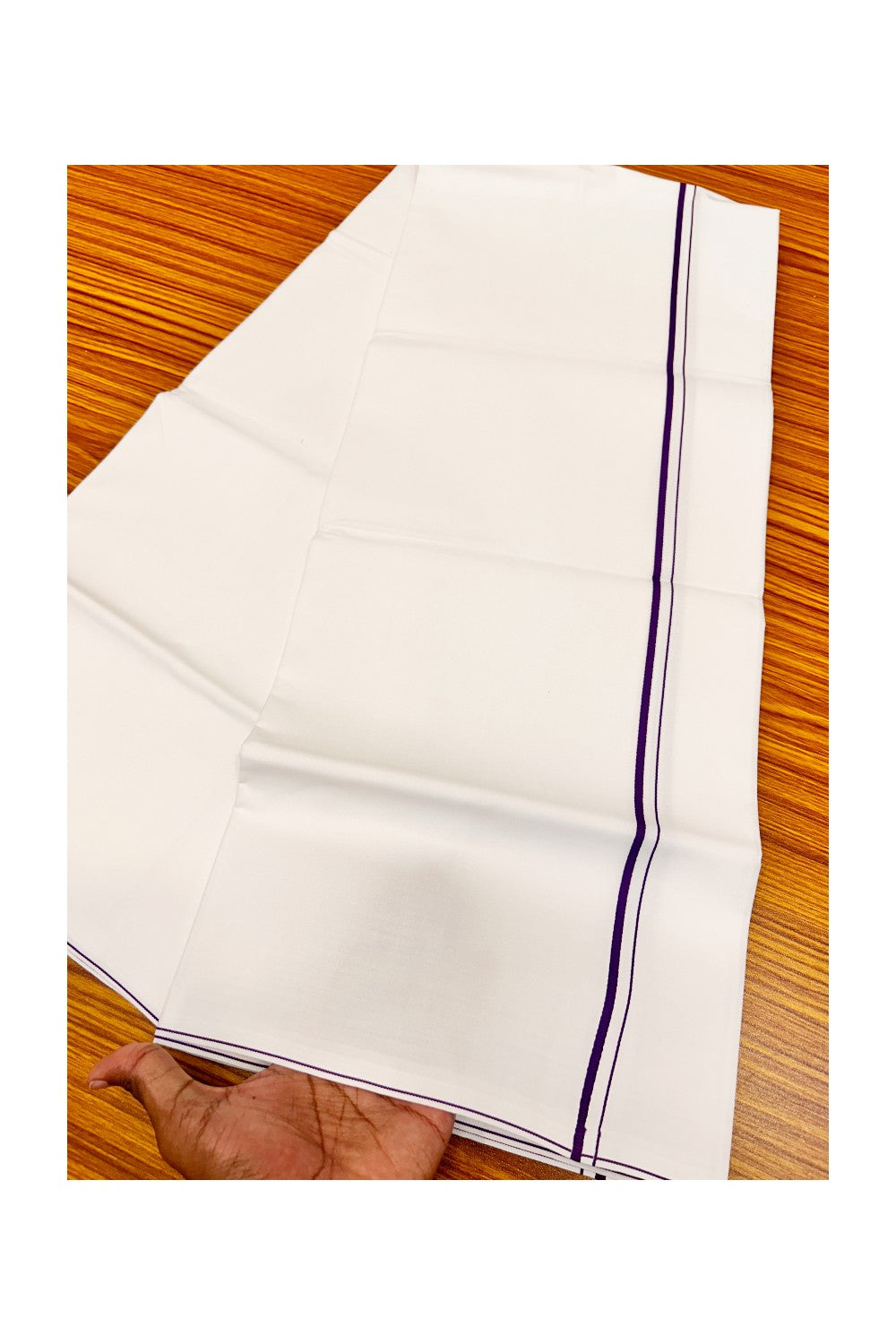 21% OFFER!! KaithariKada Wrinkle Free Cotton PURE WHITE SINGLE Mundu/Dhoti-40X40 Dark Violet 1 cm (2 meter / 4 muzham) Kara- 1uat