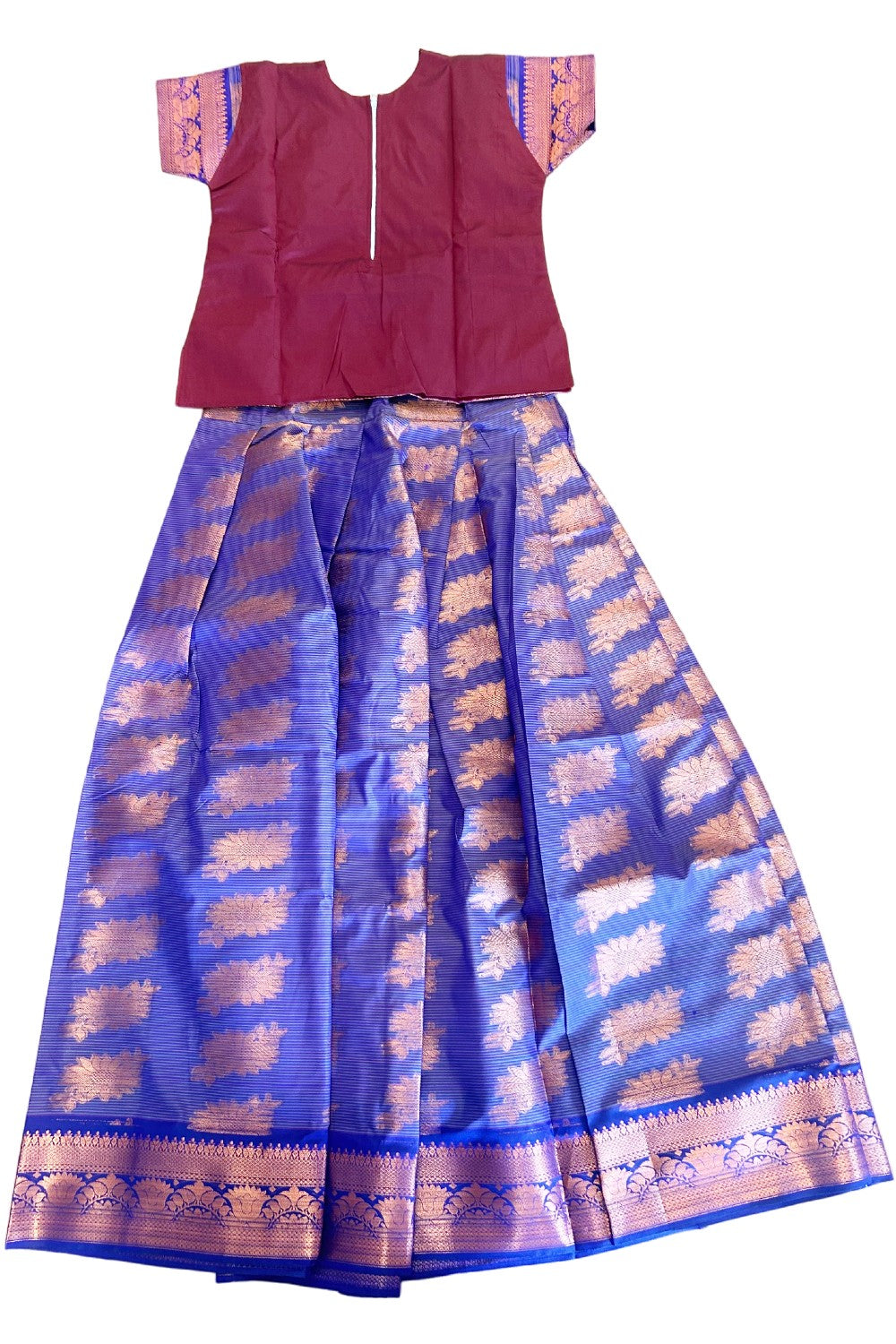 Midukki-Traditional South Indian Kids Pattu Pavada- Maroon top Violet+copper skirt- Age 15&16 - KK15&16MID001