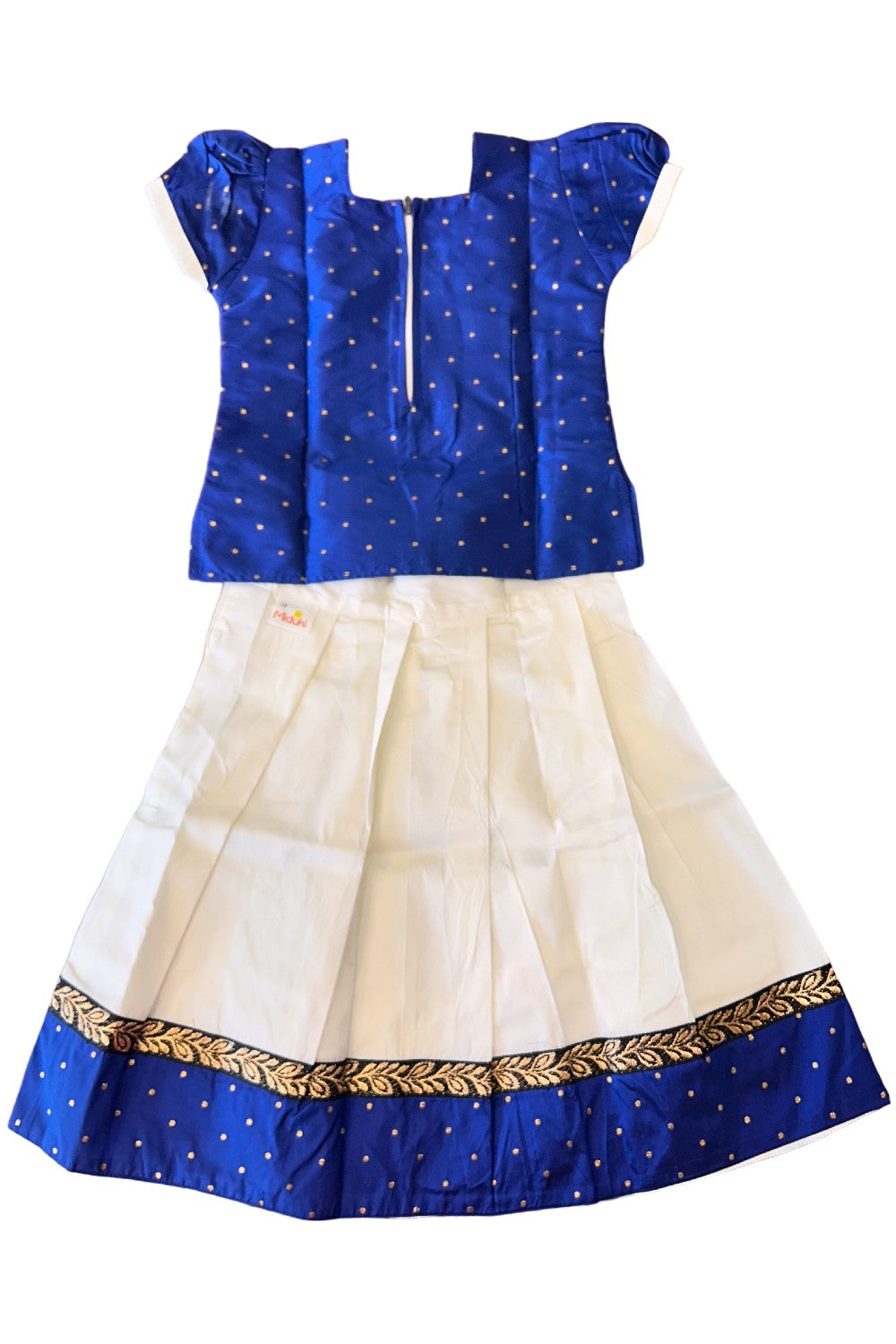 Midukki-Traditional South Indian Kids Pattu Pavada- Blue top offwhite skirt with leaf border design- Age 3 - KK3MID001