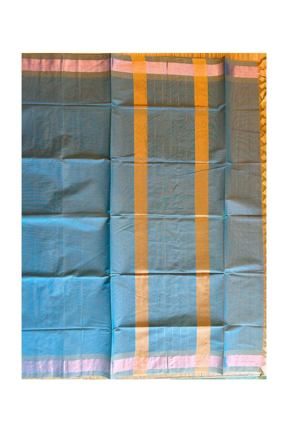 KaithariKada- Balaramapuram Saree - 100% PURE Cotton Silk - Blue Green Shaded & Copper Kasavu Design -1KK1005PAN.