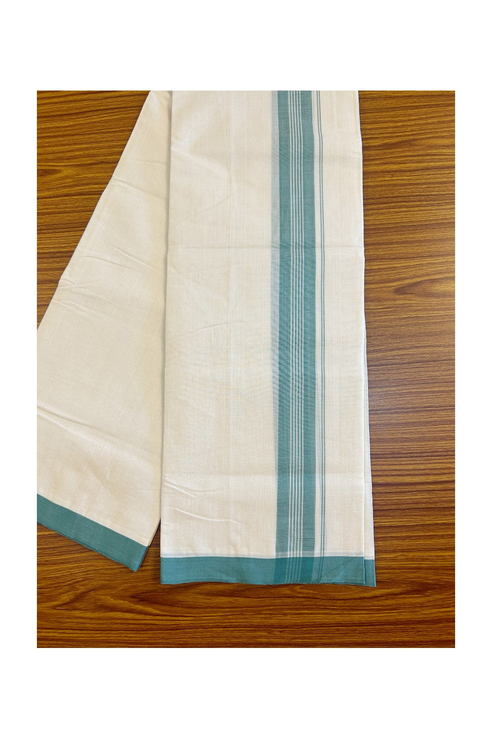 25% Discount!! KaithariKada Handloom Millpaav Balaramapuram - 100% Pure Cotton Off White (Unbleached) Double Mundu/Dhoti - 2 inch Green & white striped kara 3.70 meters (8 Muzham) - 1KK453RAM