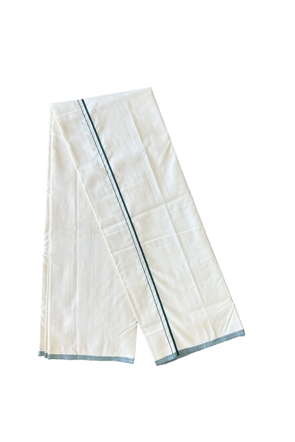 Signature Kaitharikada Exclusive Ssingle Dhoti - 100% Cotton Balaramapuram Handloom Single Mundu/Dhoti - Off White - (Unbleached)1.5 cm Green Kara (2 metre / 4 muzham) - 1KK467KAI