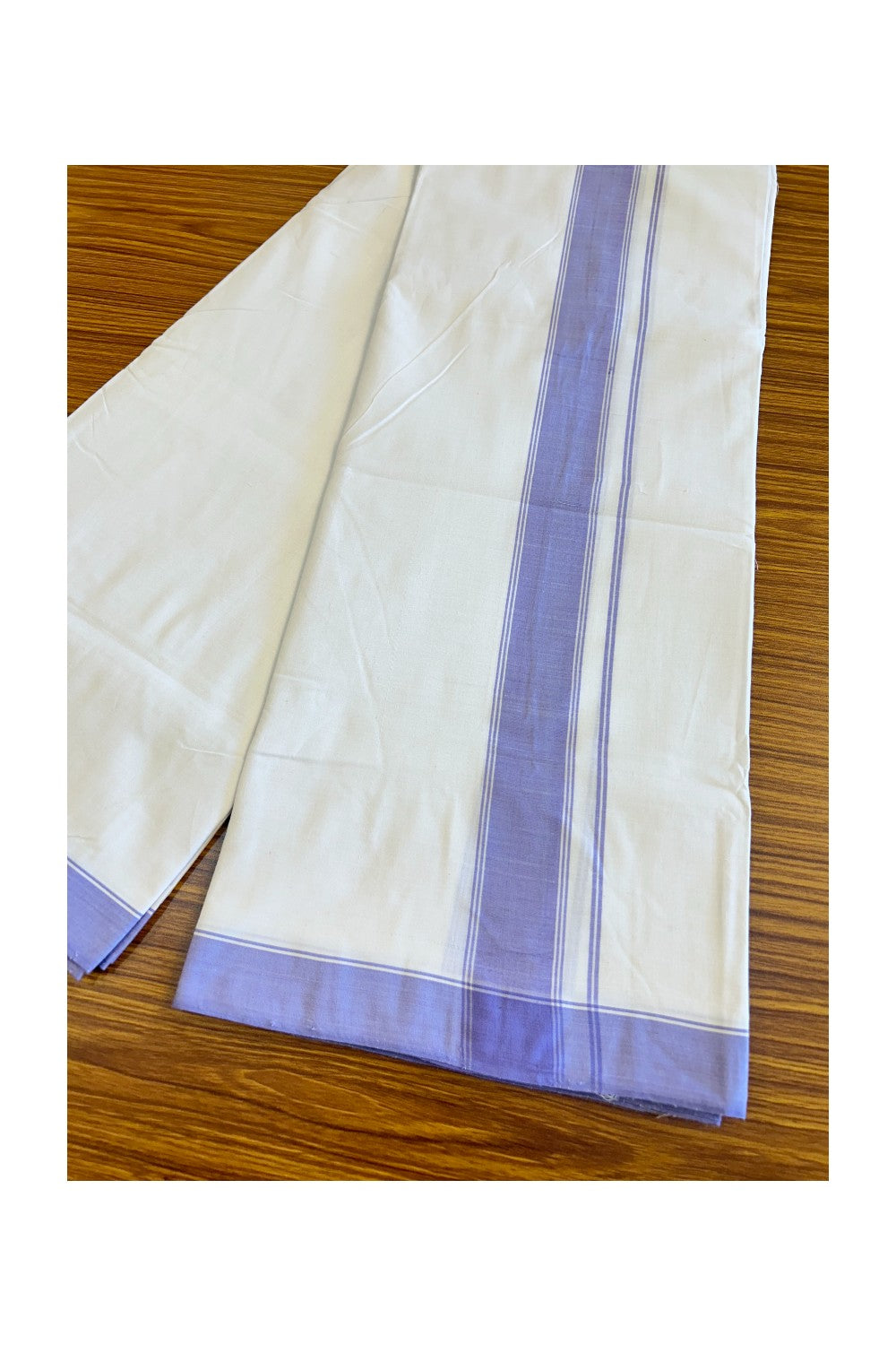 120X120 PREMIUM Kaitharikada Exclusive - 30% DISCOUNT! BALARAMAPURAM HANDLOOM Unakkupaavu - 100% PURE Cotton Double Mundu/Dhoti PURE WHITE - 2.25 inch Lavender Violet Striped Kara - 1KK478KAL