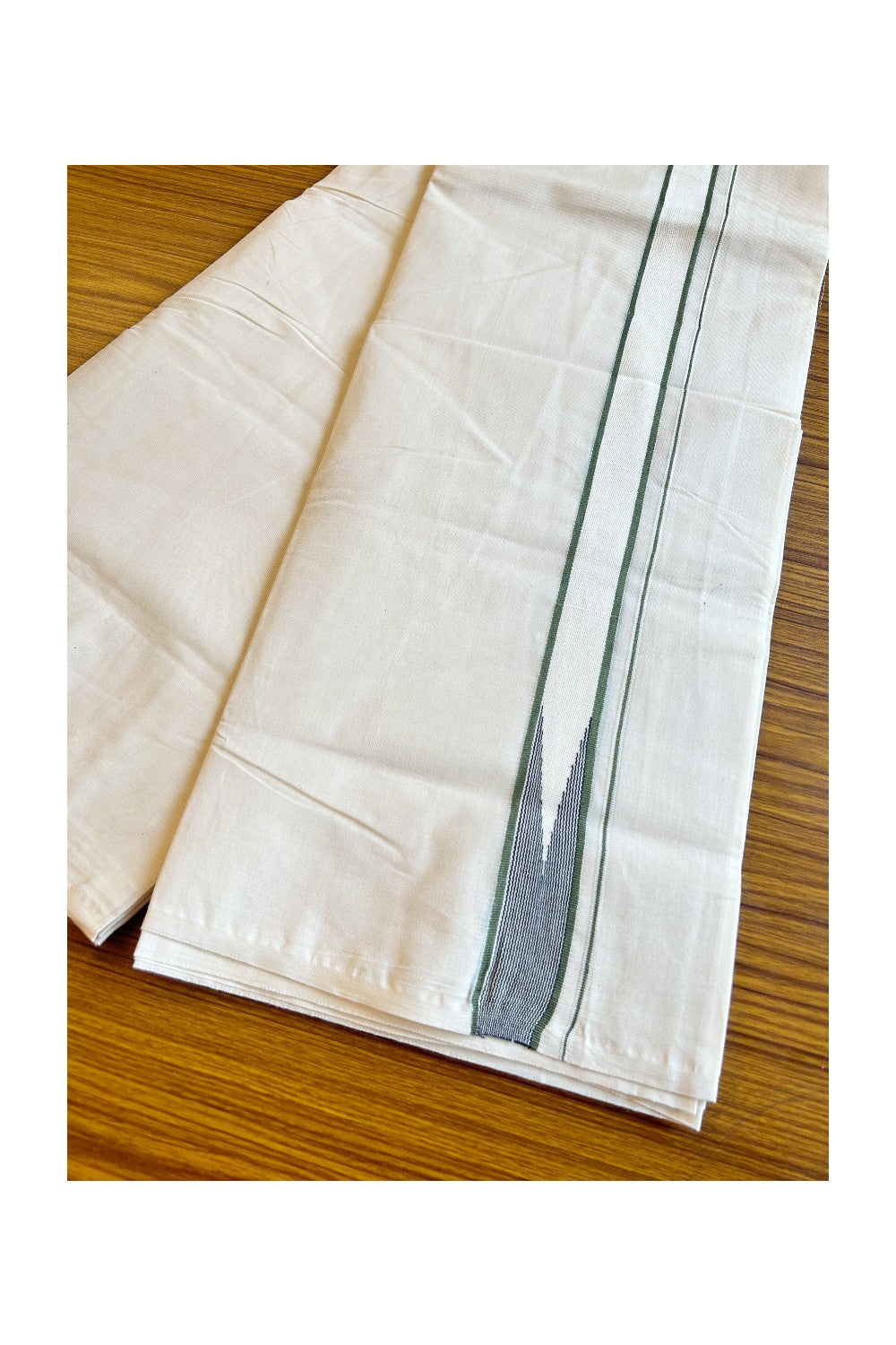 26% Offer! KaithariKada Balaramapuram 100% Cotton Double Off White - (Unbleached) Mundu/Dhoti-100x100 1.65 Inch Puliyilakkara Olive Green Heavy Chutty Black Stripes - 1KK484ASH
