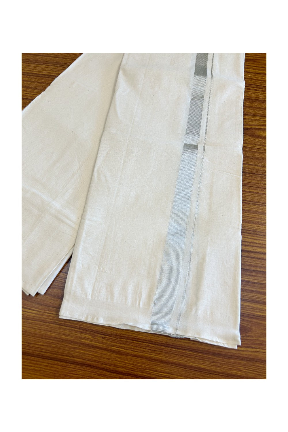 25% Discount KaithariKada 100% Cotton Balaramapuram HANDLOOM Single Mundu/Dhoti - Off White - (Unbleached) 1.25 inch Silver Kasavu Kara Stripes &(2 meter / 4 muzham)- 1KK499KK