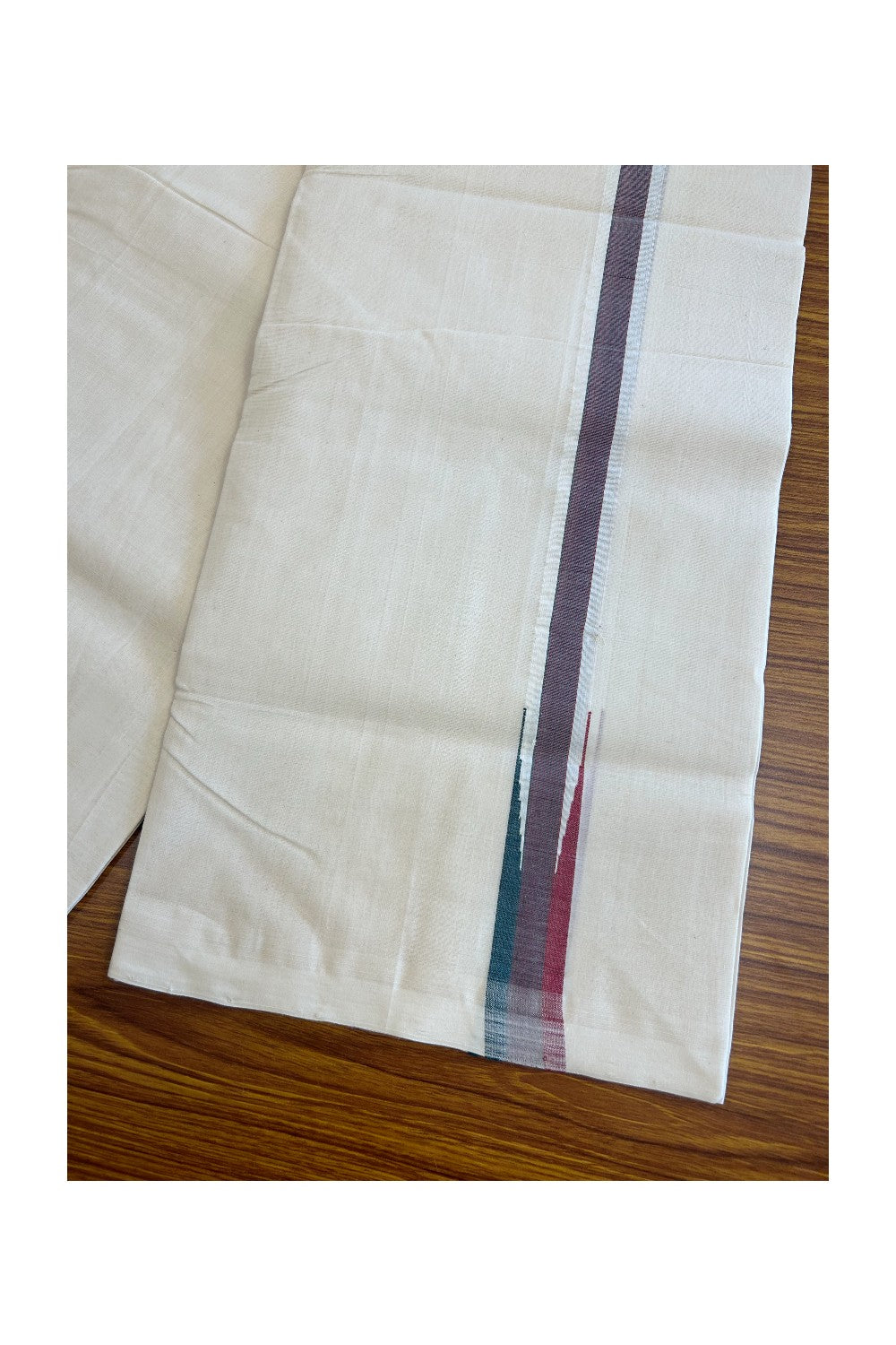 25% DISCOUNT!! KaithariKada HANDLOOM Millpaav Balaramapuram - 100% PURE Cotton OFF White - (Unbleached) Double Mundu/Dothi - Puliyilakkara chutty 1 inch Green & Maroon Red - 1KK5011RAM