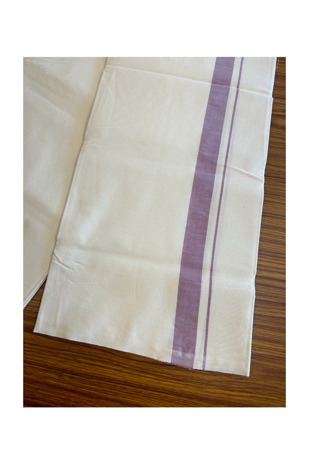 14% DISCOUNT ! KaithariKada Balaramapuram 100% COTTON SINGLE OFF WHITE - (Unbleached) Mundu/Dhoti-Twisted 100s Thread- 1.5 inch Purple Kara (2 metre / 4 muzham)- 1KK5012ASH