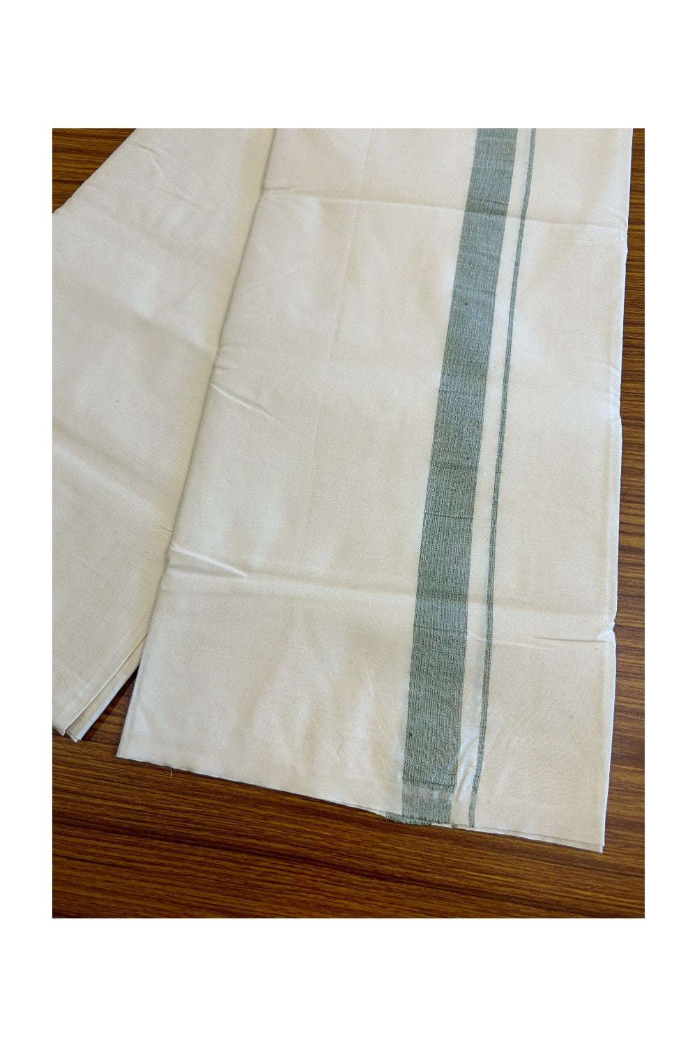 14% DISCOUNT ! KaithariKada Balaramapuram 100% COTTON SINGLE OFF WHITE - (Unbleached) Mundu/Dhoti-Twisted 100s Thread- 1.5 inch Shaded Green Kara (2 metre / 4 muzham)- 1KK5019ASH