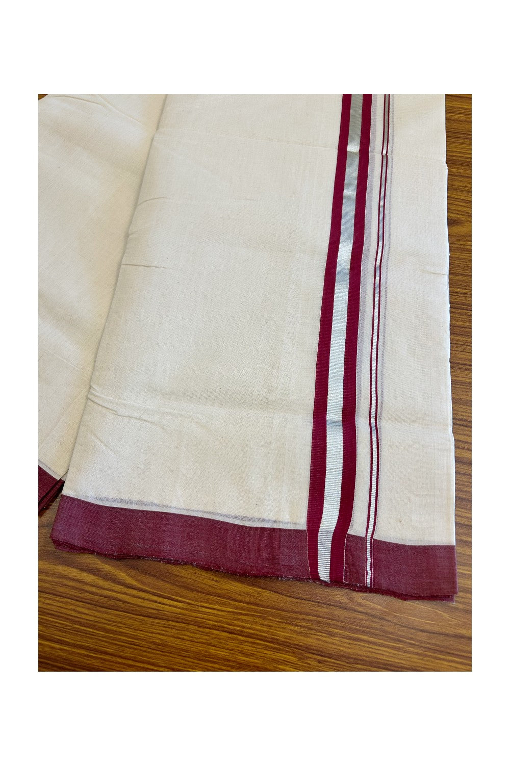 25% DISCOUNT!! KaithariKada HANDLOOM Millpaav Balaramapuram - 100% PURE Cotton OFF White Double - (Unbleached) Mundu/Dothi - 1.75 inch Maroon & Silver Kasavu Kara 4.5 Meters (10 Muzham) - 1KK5020RAM