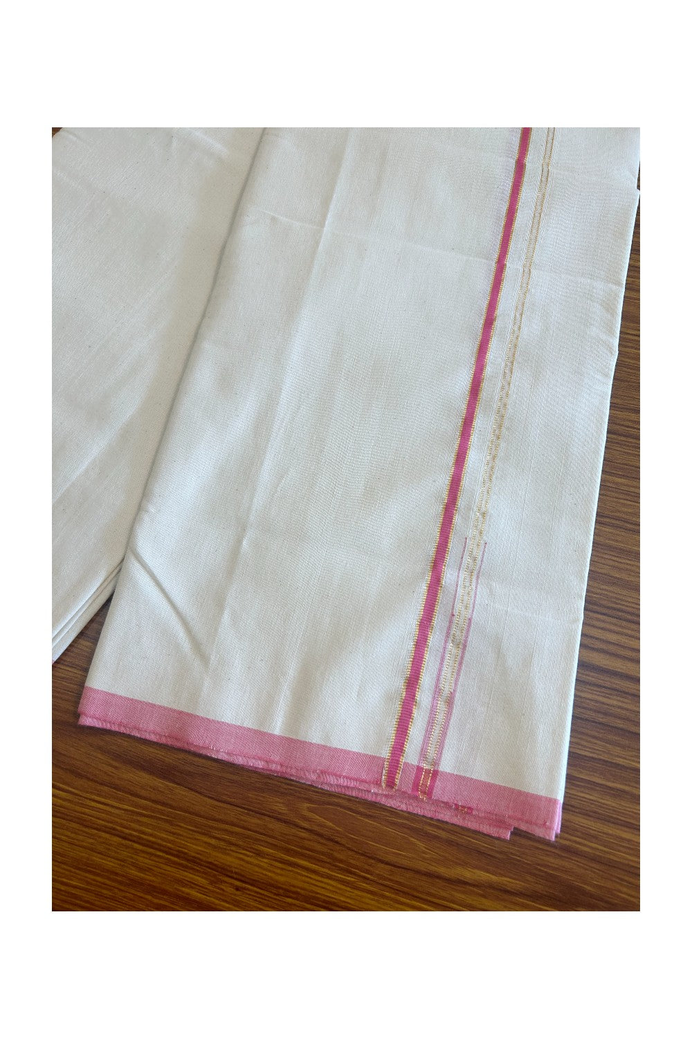 SIGNATURE KAITHARIKADA EXCLUSIVE SINGLE DHOTI - 30% Discount! 100% Cotton Balaramapuram HANDLOOM Single Mundu/Dhoti - Off White - (Unbleached) 0.25 Inch PINK & KASAVU Chutty Kara (2 meter / 4 muzham) - 1KK502KK