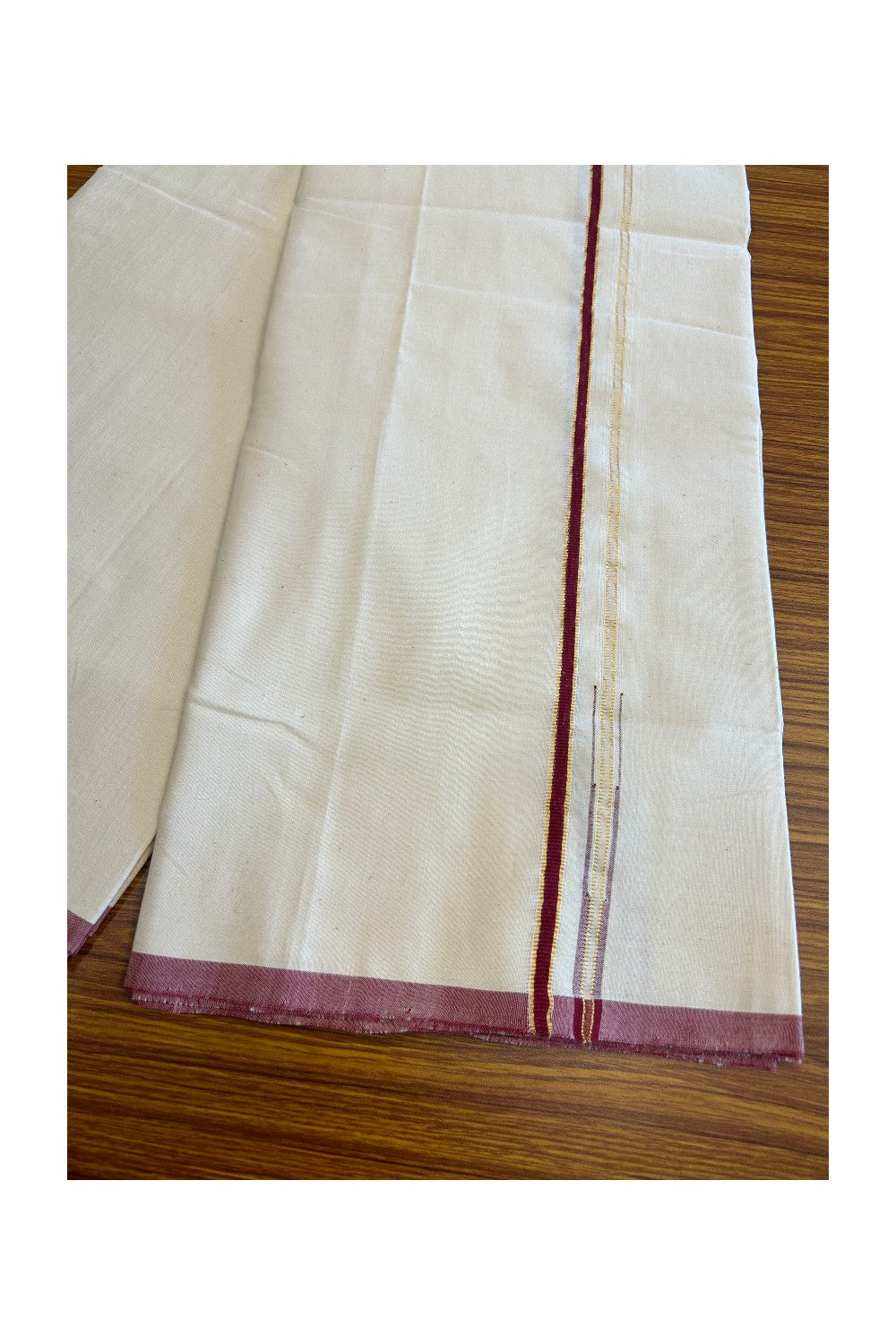 SIGNATURE KAITHARIKADA EXCLUSIVE SINGLE DHOTI - 100% Cotton Balaramapuram HANDLOOM Single Mundu/Dhoti - Off White 0.25 Inch Maroon & KASAVU Chutty Kara- 1KK5034KAI