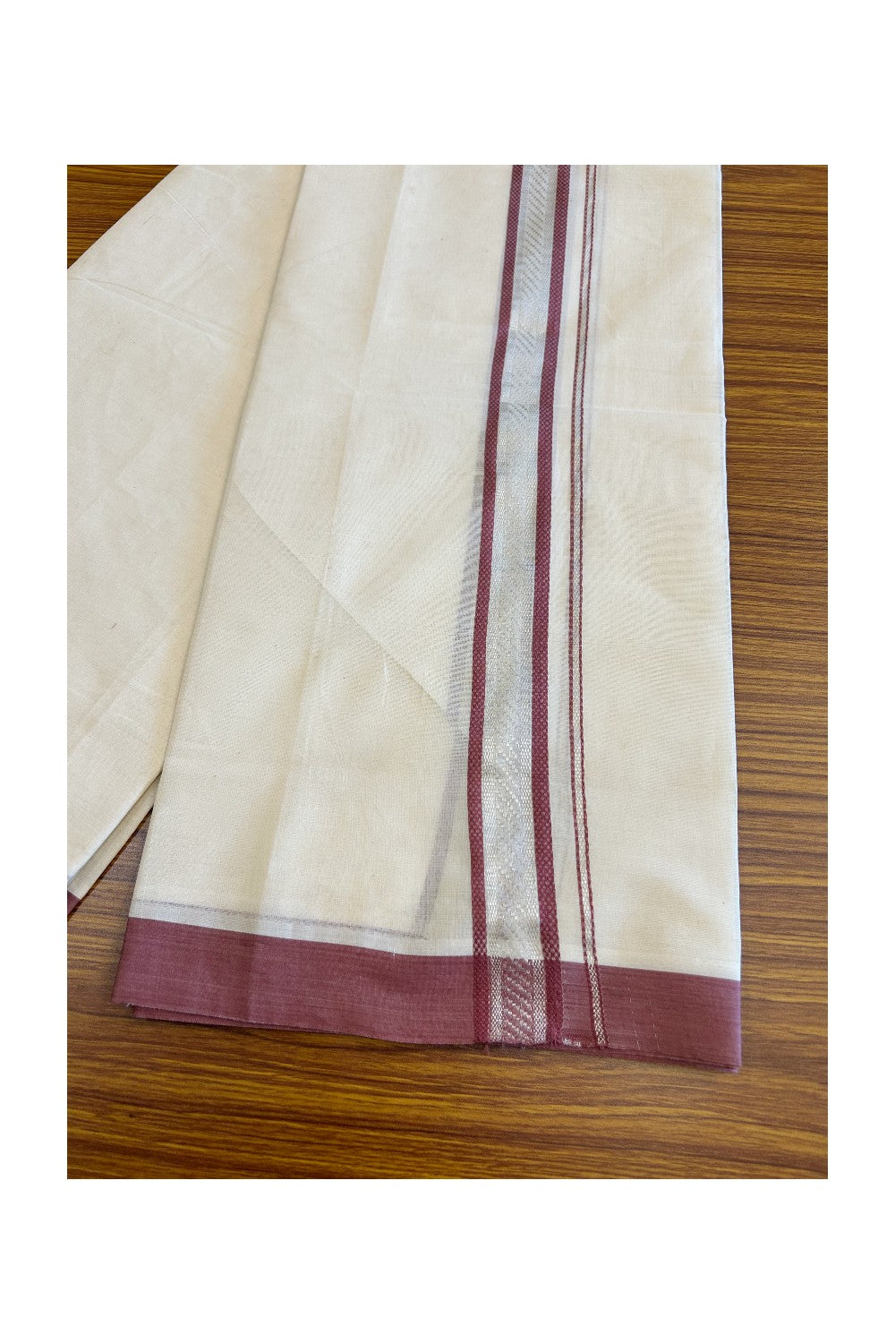 25% Discount!!! KaithariKada Balaramapuram Double Off white - (Unbleached) Mundu/Dhoti - 80X90 - 2.25 inch SILVER KASAVU & Dusty maroon pattern Kara - 1KK5037KAI