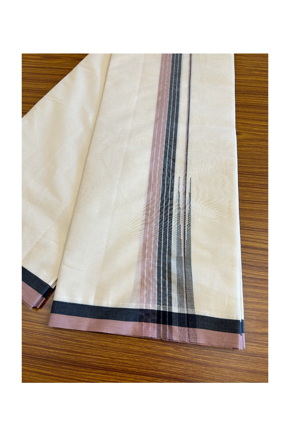 5% Discount!!! KaithariKada Balaramapuram Double Off white - (Unbleached) Mundu/Dhoti - 80X90 - 1.75 inch Black Pink & Silver Striped puliyilakkara chutty Striped Kara- 15KK5037KAI
