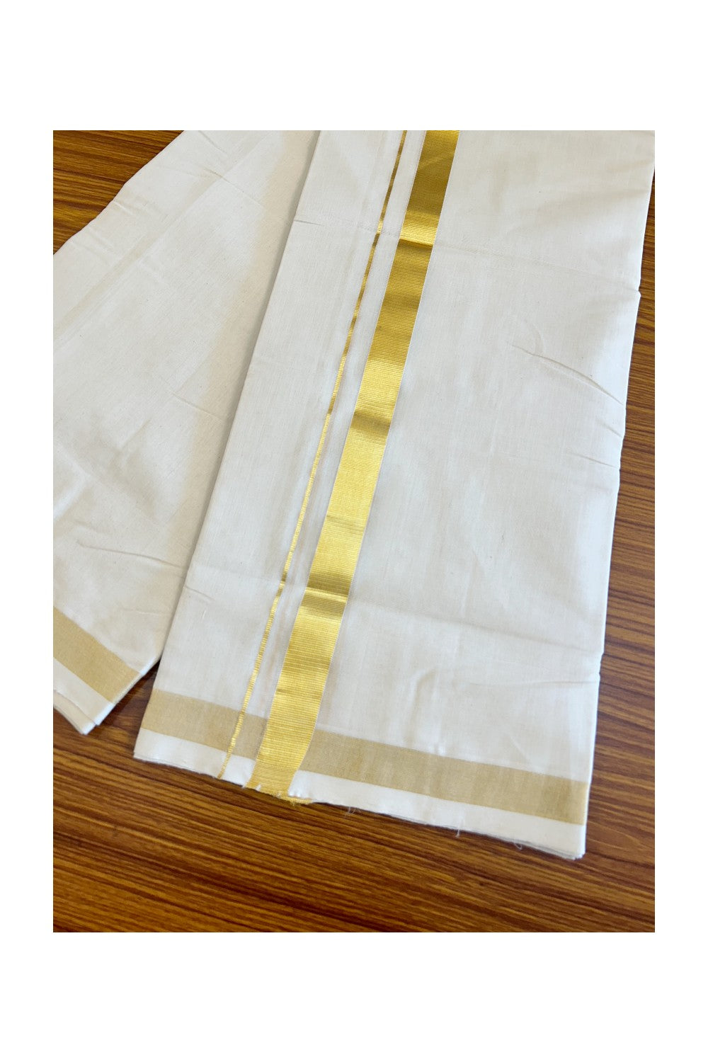 25% Discount!!! KaithariKada Handloom Unakkupaav Balaramapuram - 100% Pure Cotton off white Double - (Unbleached) Mundu/Dhoti - 1 inch Kasavu Kara - 1KK504RAM
