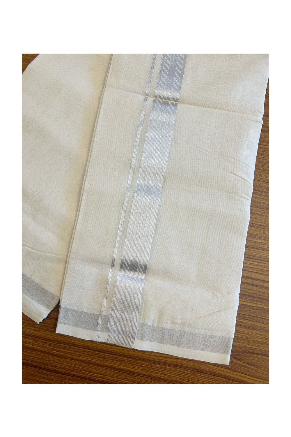 25% Discount ! KaithariKada Handloom Millpaav Balaramapuram - 100% Pure Cotton Off White (Unbleached) Double Mundu/Dhoti - Silver Kasav Stripes Design-5KK43RAN.