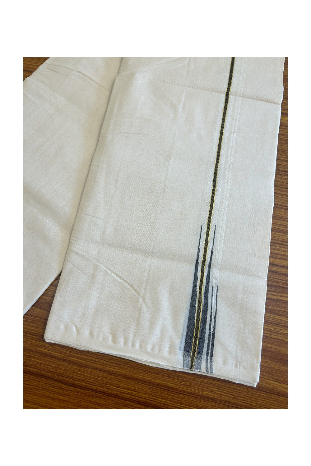 25% Discount!! KaithariKada Handloom Millpaav Balaramapuram - 100% Pure Cotton Off White - (Unbleached) Double Mundu/Dothi - Kasavu & Black Double Chutty Puliyilakkara - 1KK506RAM