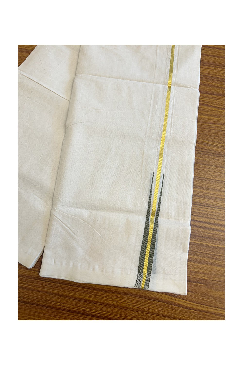 30% DISCOUNT!! KaithariKada HANDLOOM Unakkupaav Balaramapuram - 100% PURE Cotton OFF White (Unbleached) Double Mundu/Dothi - Kasavu dark olive green puliyilakkara Chutty - 2KK86RAM