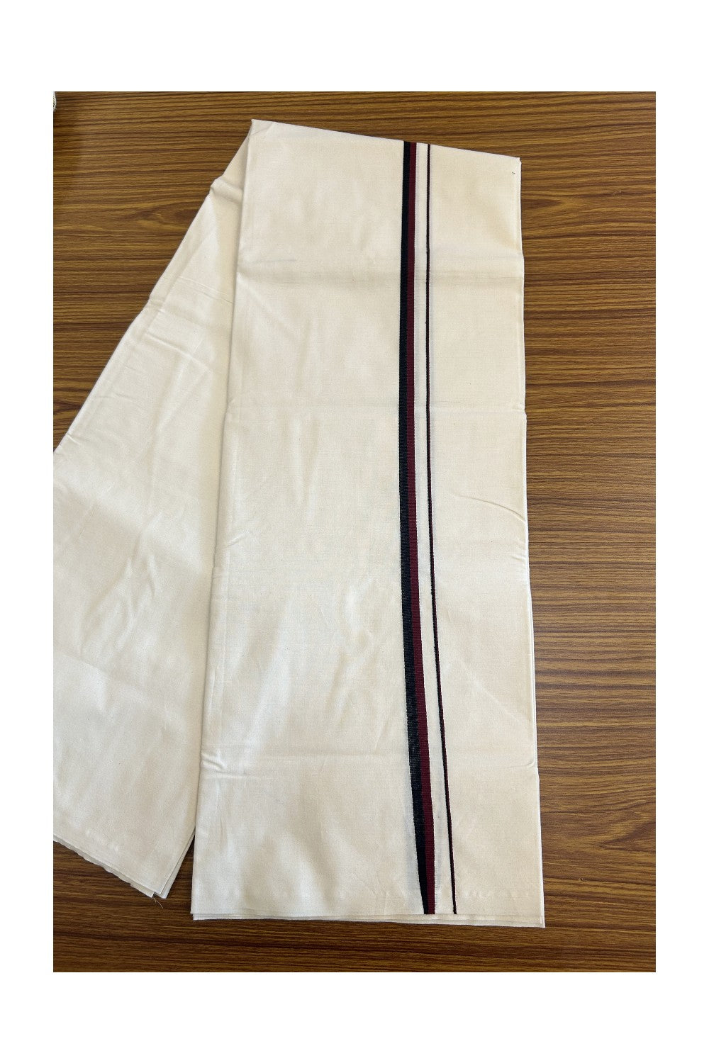 DMK Veshti - 18% DISCOUNT ! KaithariKada Balaramapuram 100% COTTON SINGLE OFF WHITE - (Unbleached) Mundu/Dhoti- 100X100 - 1 inch Maroon & Black Kara (2 metre /4 muzham) - 2KK5076ASH