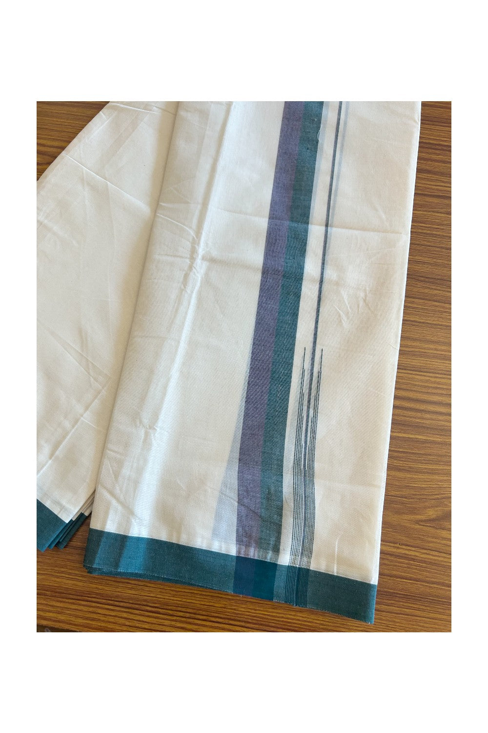 5% Discount!!! KaithariKada Balaramapuram Double Off white - (Unbleached) Mundu/Dhoti - 80X90 - 1.75 inch Green & Violet puliyilakkara striped chutty - 1KK5077KAI