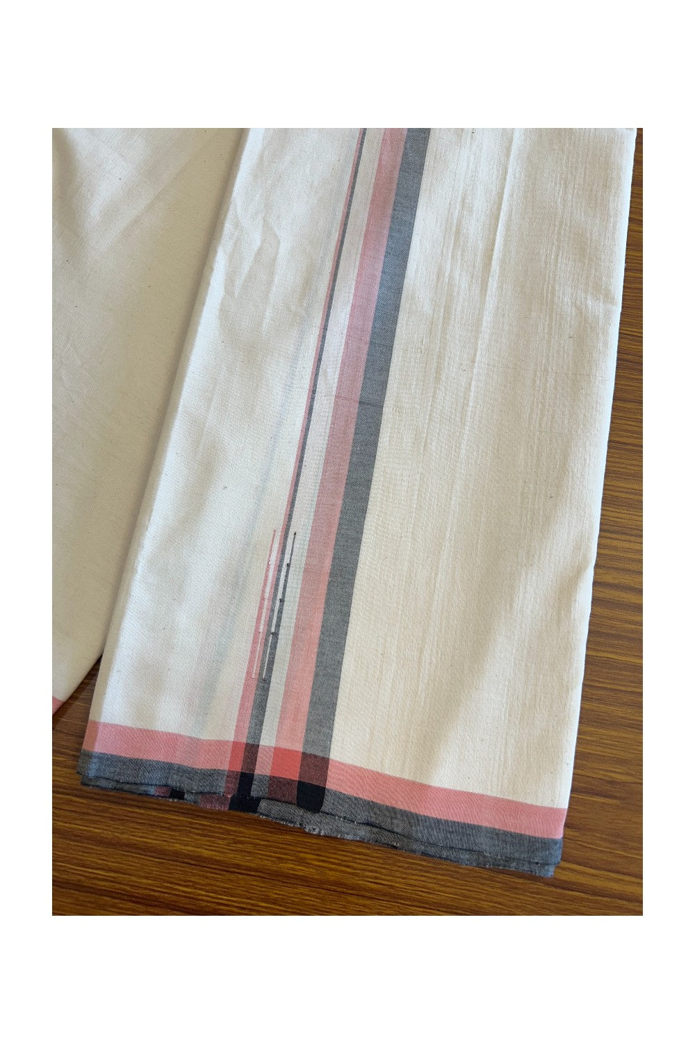 SIGNATURE KAITHARIKADA EXCLUSIVE SINGLE DHOTI - 100% Cotton Balaramapuram HANDLOOM Single Mundu/Dhoti - Off White - (Unbleached) 1 inch Peach & Black Chutty Kara (2 meters /4 muzham) - 1KK5078KAI