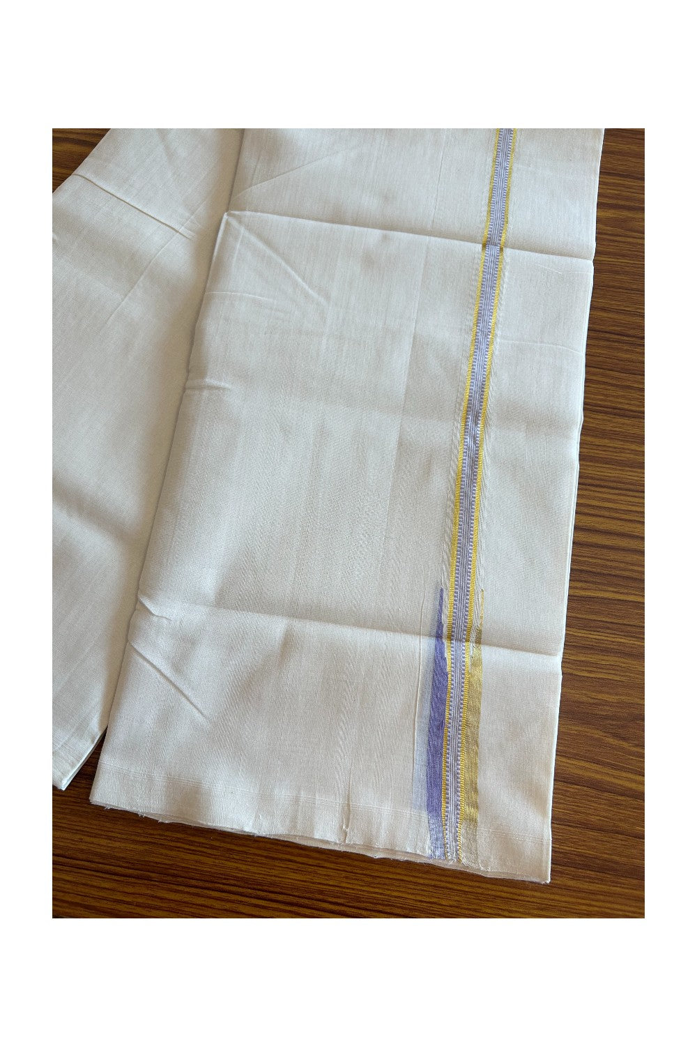 25% DISCOUNT!! KaithariKada HANDLOOM Unakkupaav Balaramapuram - 100% PURE Cotton OFF White Double - (Unbleached) Mundu/Dothi - 0.75 inch puliyilakkara Lavender & Gold Kasavu Chutty Kara- 1KK5089YAR