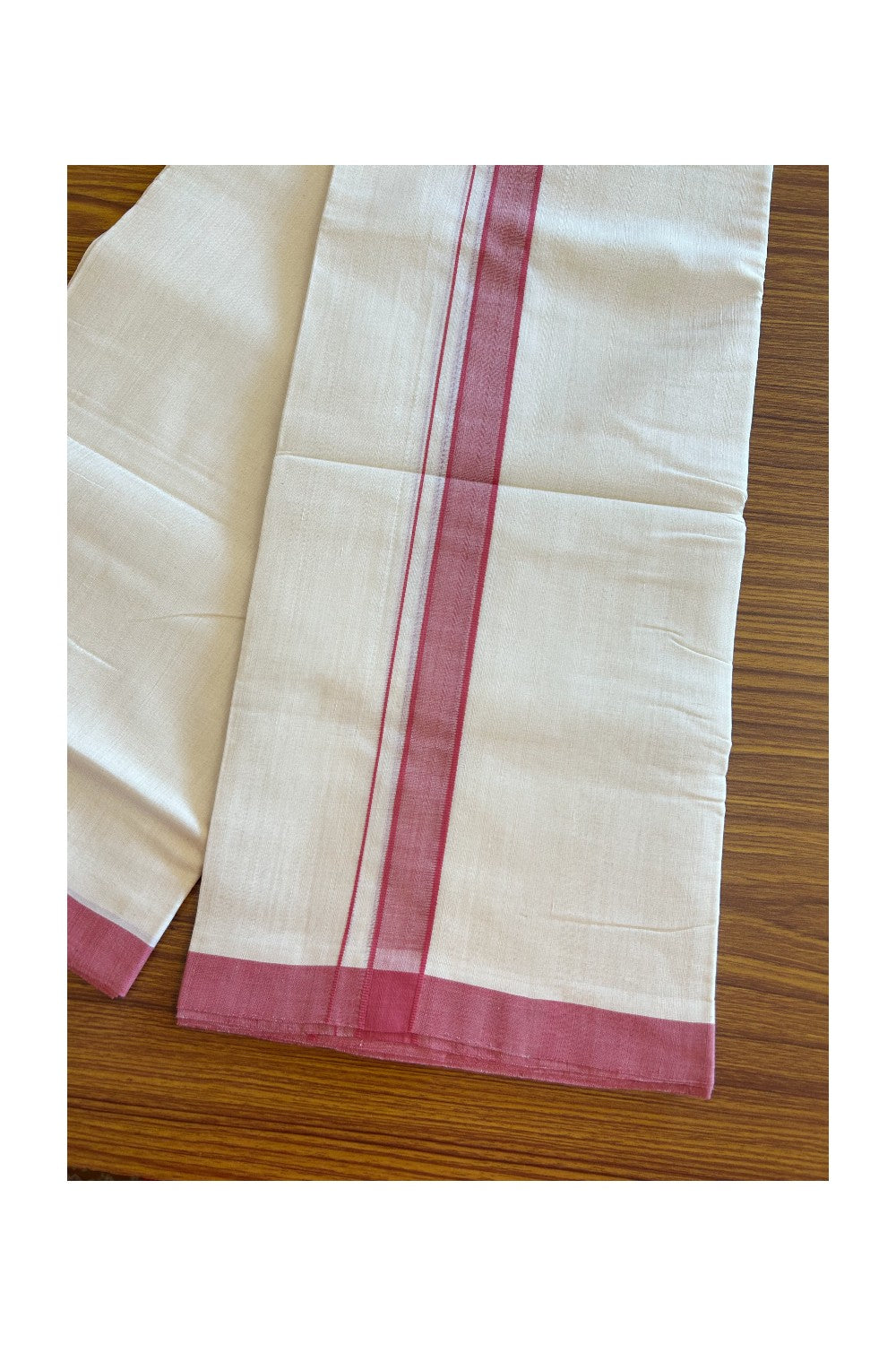 25% DISCOUNT!! KaithariKada BALARAMAPURAM HANDLOOM Unakkupaav- 100% PURE Cotton 100x100 Double Mundu/Dhoti OFF WHITE (Unbleached) - 1.5 inch Pink Kara - 1KK5099ELA