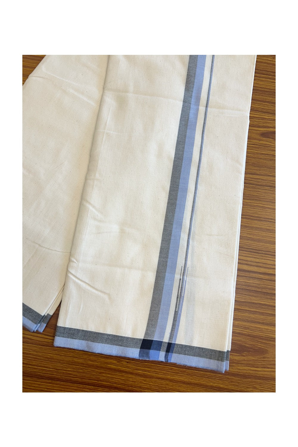 SIGNATURE KAITHARIKADA EXCLUSIVE SINGLE DHOTI - 100% Cotton Balaramapuram HANDLOOM Single Mundu/Dhoti - Off White - (Unbleached) 1 inch Lavender Blue & Black Chutty Kara (2 meters /4 muzham) - 1KK5103KAI