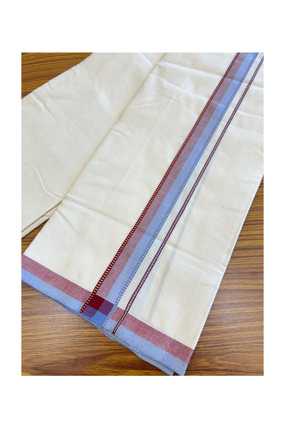 SIGNATURE KAITHARIKADA EXCLUSIVE SINGLE DHOTI - 30% Discount!! 100% Cotton Balaramapuram HANDLOOM Single Mundu/Dhoti - Off White - (Unbleached) 1.25 inch Lavender Blue & Maroon Kasavu Muthukuri Kara (1.75 meters /4 muzham) - 1KK5124KAI