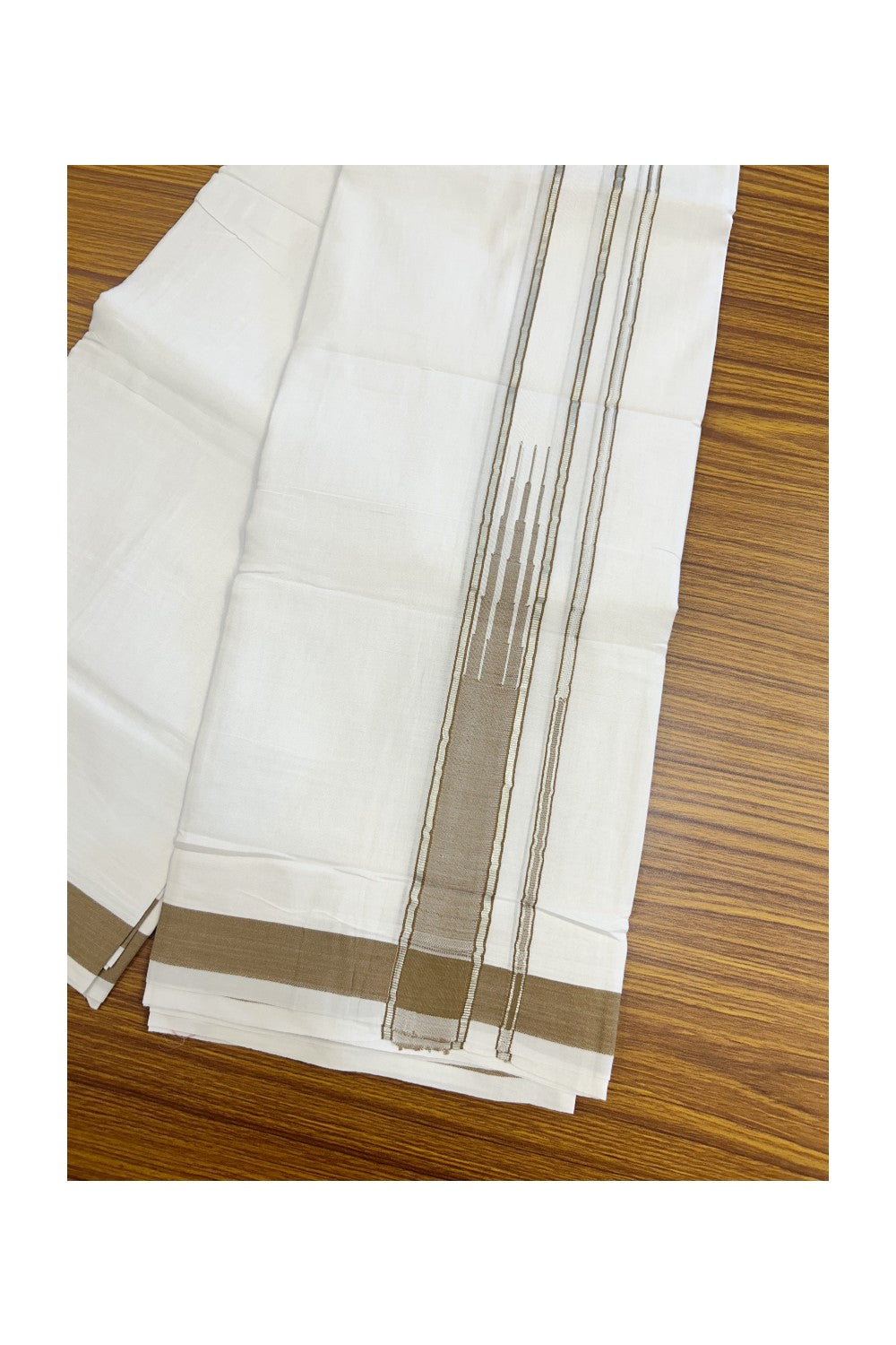 25% DISCOUNT! KaithariKada Balaramapuram 100% Mercerised Cotton Double ULTRA PURE white Mundu/Dhoti - 120x120 - 1.75 inch Heavy Chutty Silver Kasavu & Peanut Brown Kara - 1KK5139THI