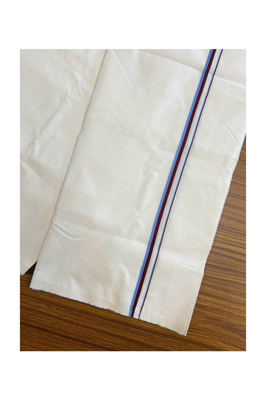 VCK VESHTI - 17% DISCOUNT ! KaithariKada Balaramapuram 100% COTTON SINGLE OFF WHITE (Unbleached) Mundu/Dhoti-100X100- 0.25 inch  Puliyilakkara Blue & Maroon Kara (2 meter / 4 muzham) - 1KK5164ASH