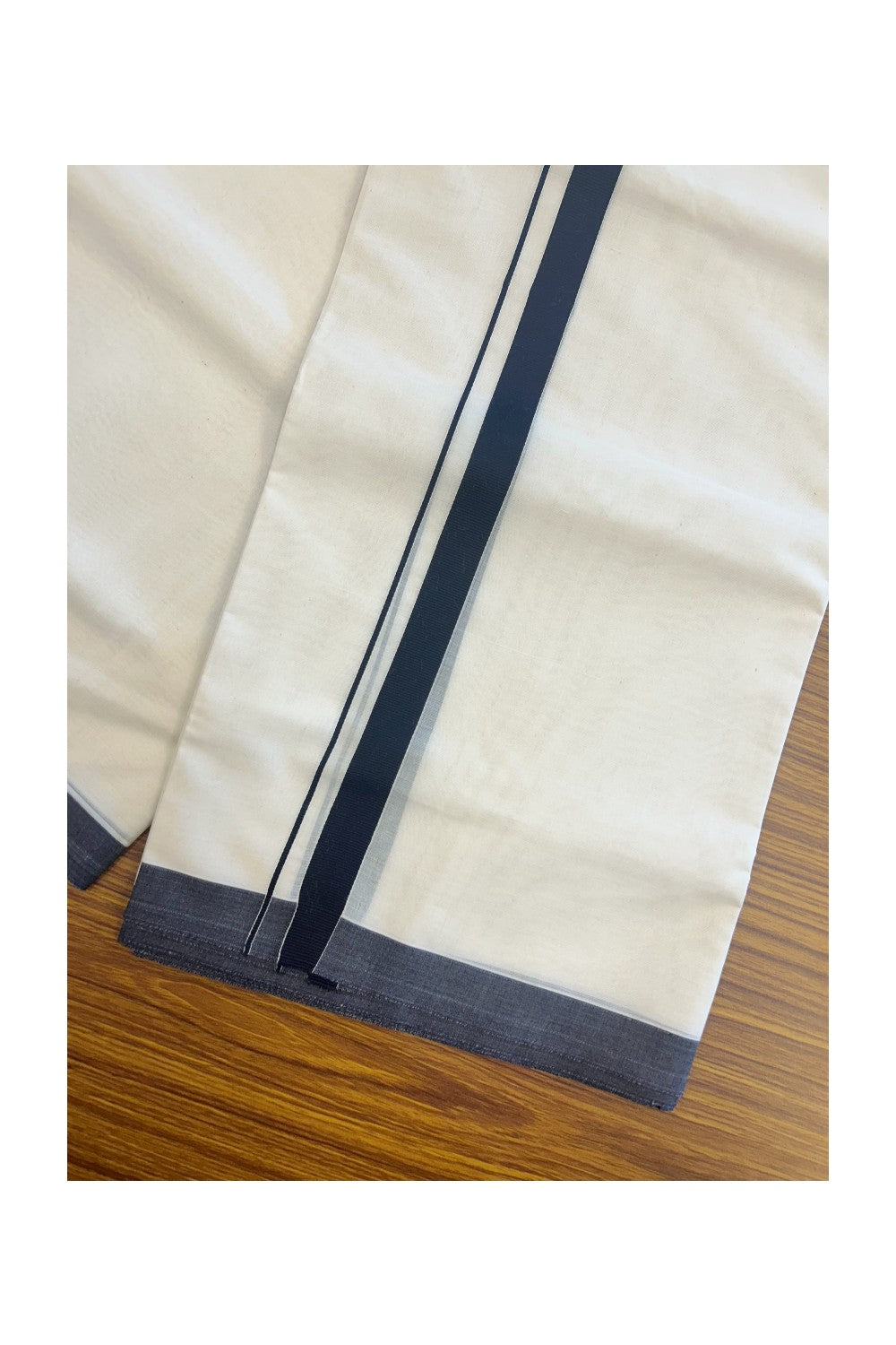 SHORT DHOTI SPECIAL! Kaitharikada.com 30% DISCOUNT! KaithariKada Balaramapuram 100% Cotton Off white (Unbleached) Double Mundu/Dhoti-100x100 - 0.75 inch Kara & 46 inches Height Navy Blue Kara- 1KK5166ASH