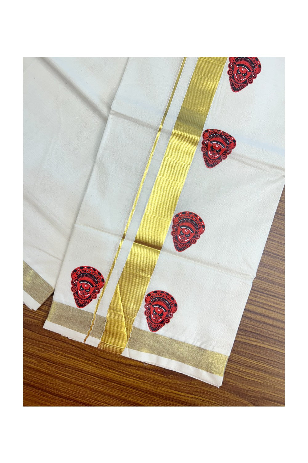 23% Discount!! KaithariKada Balaramapuram Mixed Cotton DOUBLE OFF WHITE - (Ubleached) Mundu/Dhoti - 80x72 - 1.25 inch Kasavu & Theyyam Printed Design Kara - 1KK5171GAN