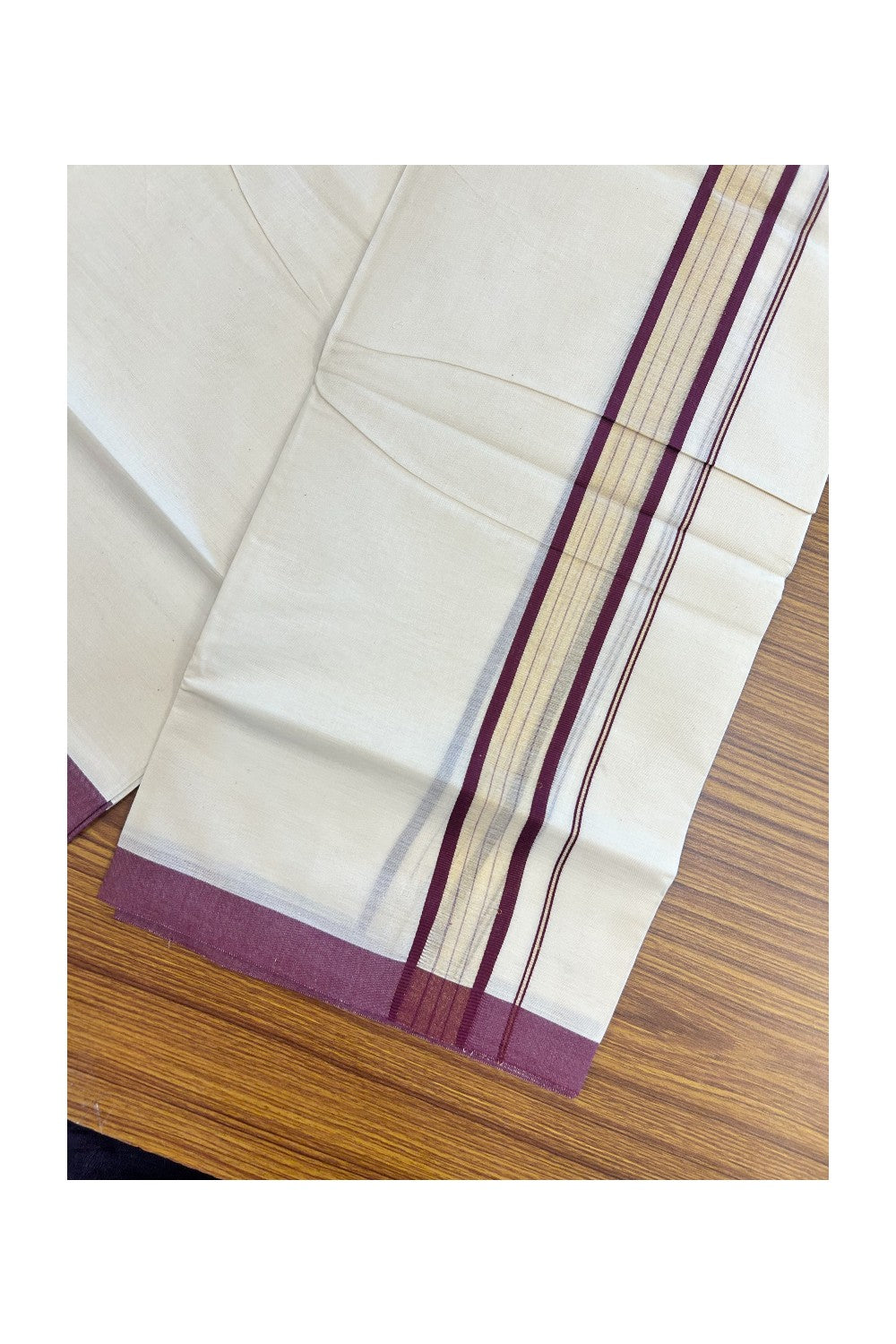 20% DISCOUNT! KaithariKada Balaramapuram Double OFF WHITE Mundu/Dhoti - 80x90 - 1.5 Inch Tissue Wine purple striped Kara - 1KK5182VAS