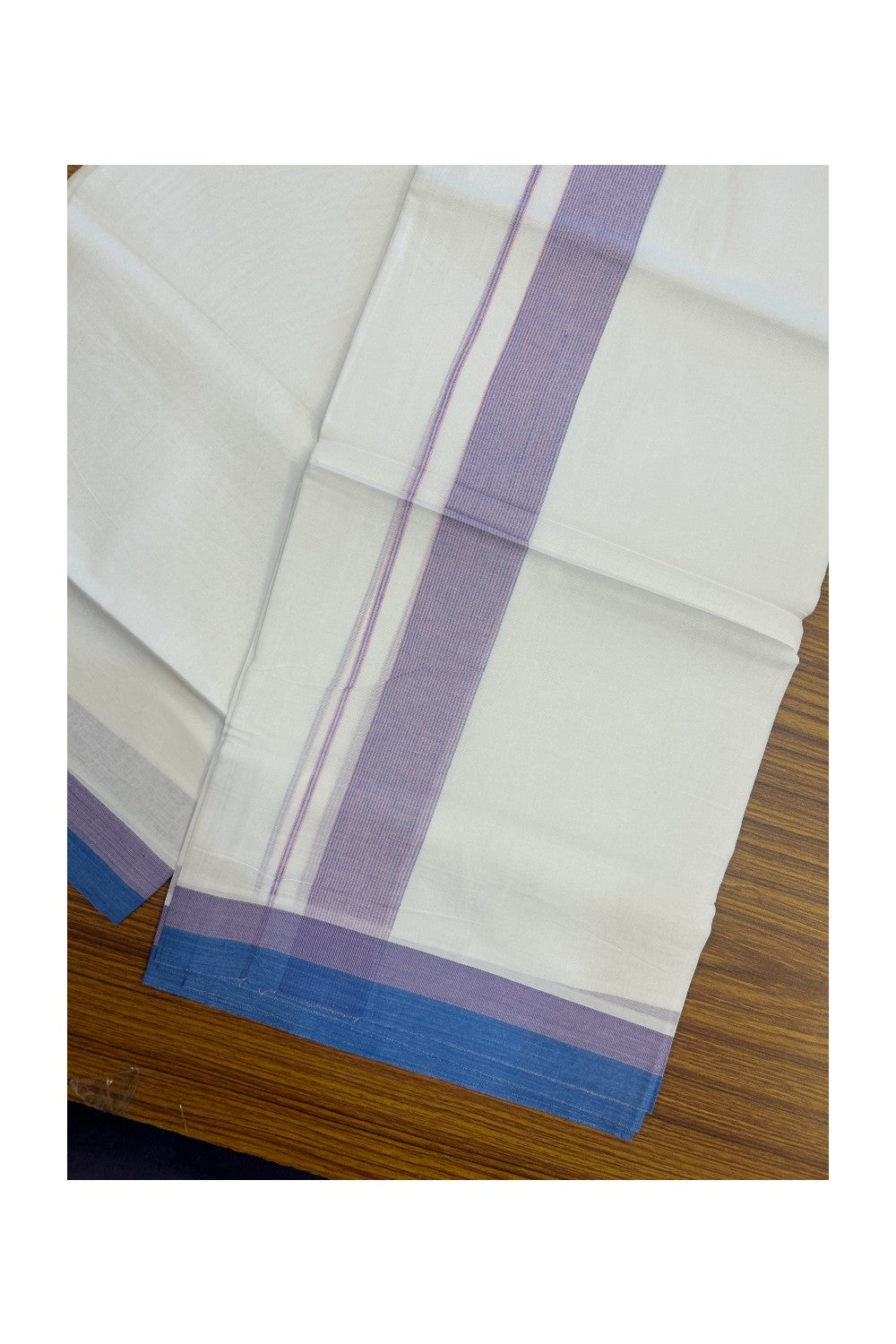 20% Discount ! Kaitharikada Balaramapuram 100% Cotton PURE WHITE Double Mundu/Dothi - 100x80 - 1.5 inch Blue & Pink Striped Kara - 1KK5183VIN