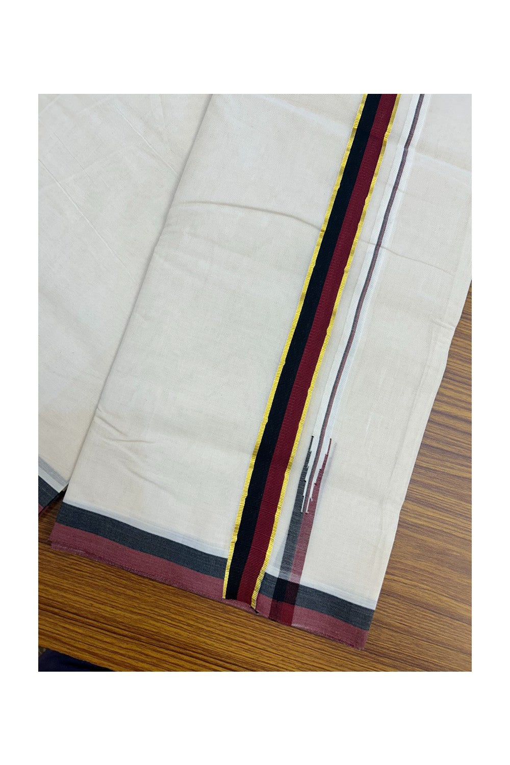 DMK Veshti - 26% Discount !! KaithariKada Balaramapuram Double Off white - (Unbleached) Mundu/Dhoti - 100X100 - 1.25 inch Puliyilakkara Kasavu Maroon & Black Chutty Kara 3.75 meters (8 Muzham) - 1KK5185ASH