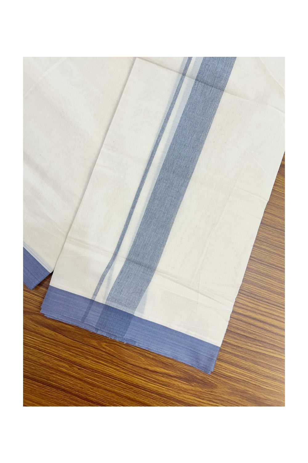 20% Discount ! Kaitharikada Balaramapuram 100% Cotton Double Off white (Unbleached) Mundu/Dhoti - 100x80 - 1.75 inch Blue shaded Kara - 1KK5186CKS