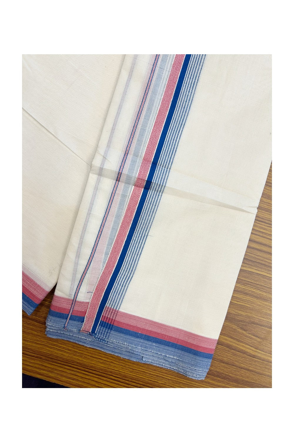 Panchakacham Dhoti - 20% DISCOUNT! KaithariKada Cotton OFF White - 100x80 thread- NORTH INDIAN ATTACHED GAMCHA - 9X5 Dhoti - 1.5 inch Silver Kasavu Peacock Blue & Magenta Stripes Kara - 1KK5189PMC