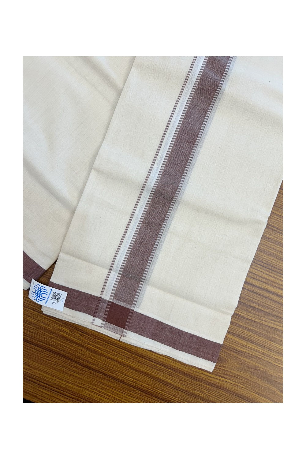 25% Discount KaithariKada Handloom Unakkupaav Balaramapuram - 100% Pure Cotton off white (Unbleached) Double Mundu/Dhoti - 80X90 - 1.25 inch Brown Stripes Kara 3.80 mtr - 1KK5192ELA