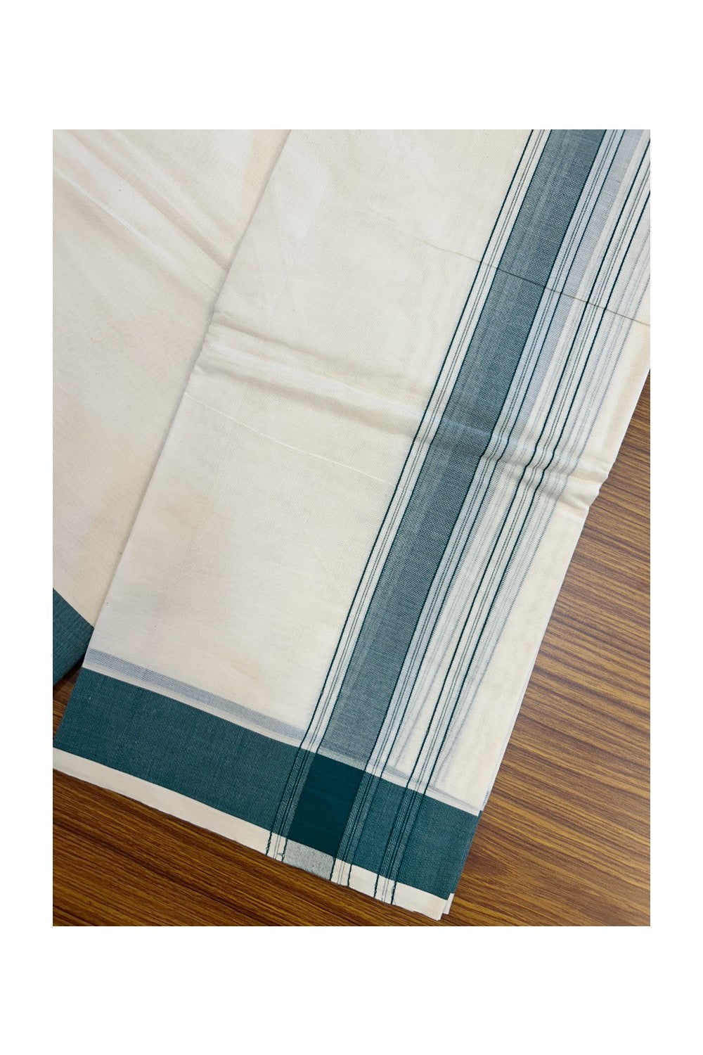 20% Discount KaithariKada 100% Cotton Off White - (Unbleached)- Pure Cotton - 100x100 thread - NORTH INDIAN ATTACHED GAMCHA 9X5 Dhoti Dark Green STRIPED 1.75 inch kara - 1KK5196PMC