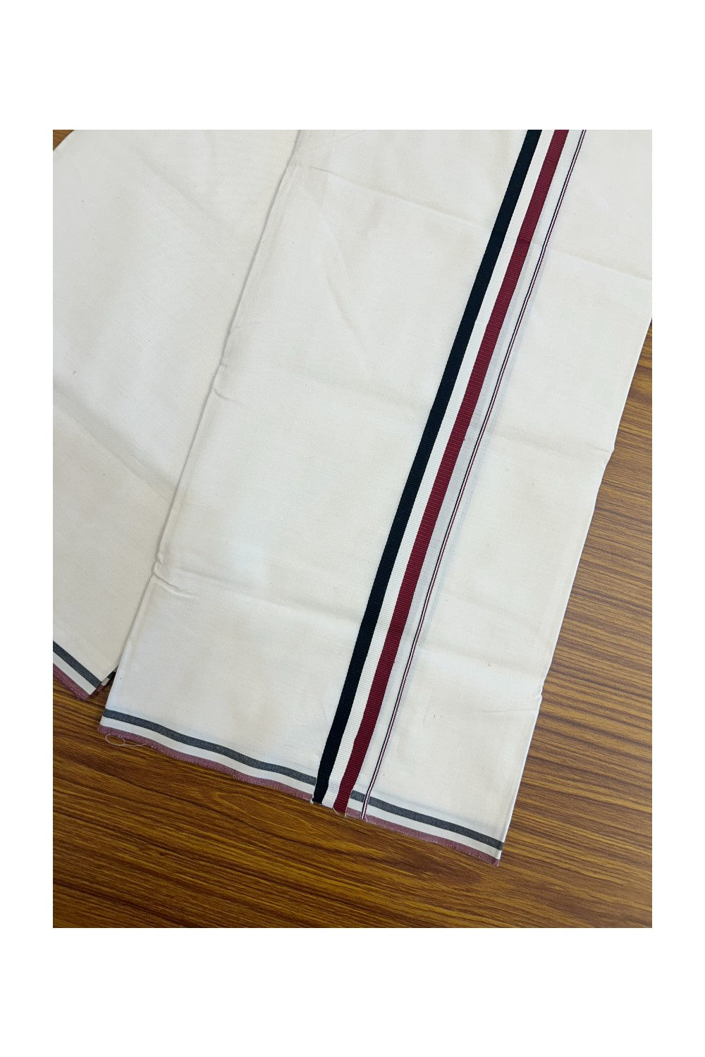 ADMK VESHTI - 20% DISCOUNT! KaithariKada 100% Cotton off white Single - (Unbleached) Mundu/Dhoti - 100X100 - 1 inch Black White & Maroon kara - 1KK5198ASH