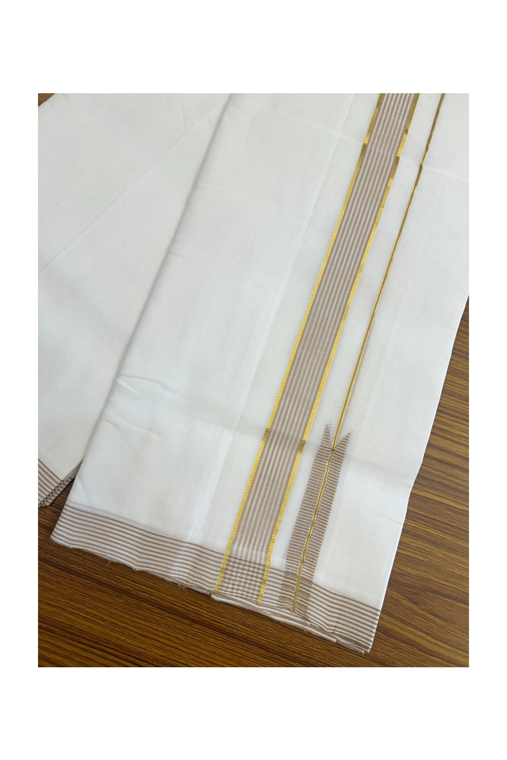 25% Discount!! NEW ULTRA PURE WHITE HANDLOOM Balaramapuram - 100% Mercerised Cotton Double Mundu/Dhoti - 120 twisted warp x 80s weft - 1.25 inch Puliyilakkara Gold Kasavu & Sand Brown Striped Chutty Kara- 1KK5200REA