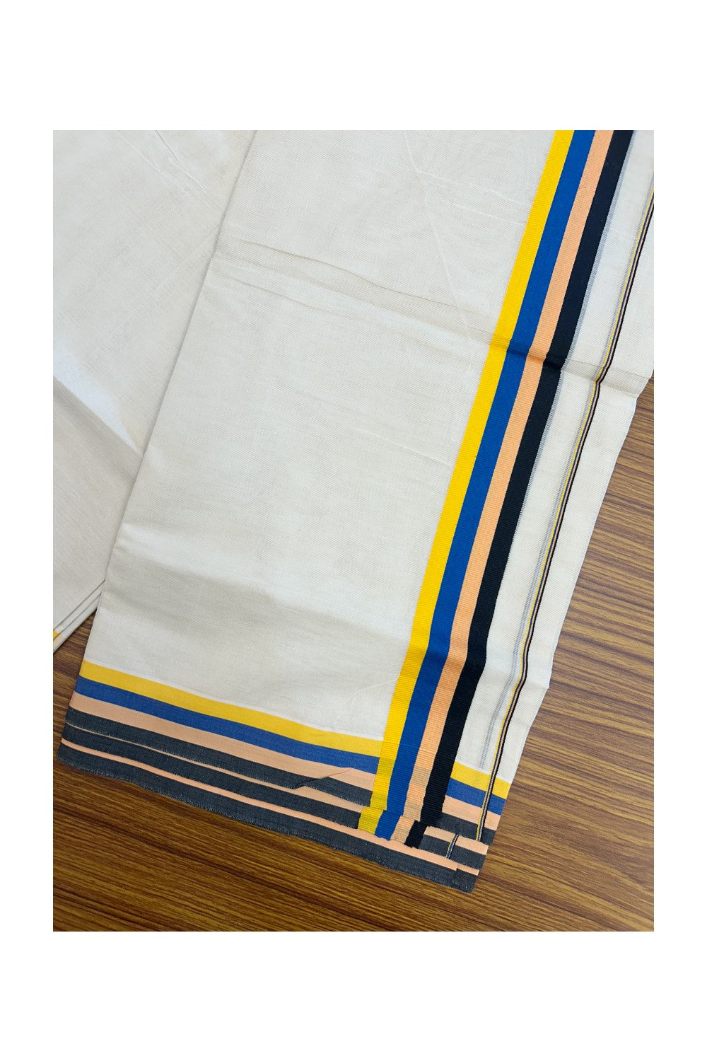 19% DISCOUNT ! KaithariKada Balaramapuram 100% Cotton off white (Unbleached) Double Mundu/Dhoti - 100X80 - 1.25 inch Multi Colour kara - 1KK5202PMC