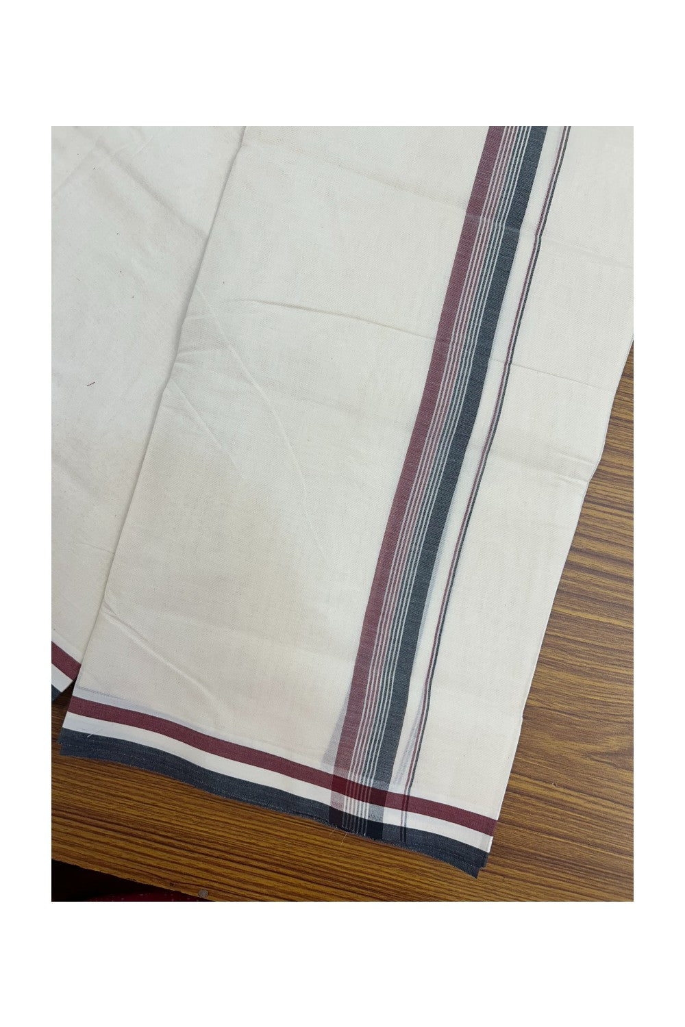 ADMK VESHTI - 21% DISCOUNT! KaithariKada 100% Cotton off white Double - (Unbleached) Mundu/Dhoti - 100X100 -1.25 inch inch Black Maroon & White Striped kara - 1KK5204 ASH