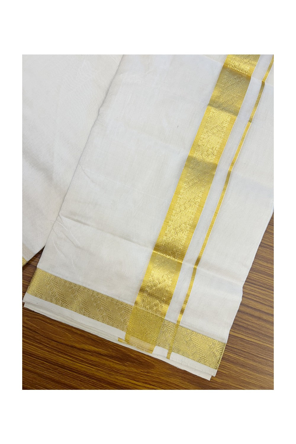 HANDLOOM Pure SILK Dhoti NEW! 25% DISCOUNT from Kaitharikada.com - BALARAMAPURAM Handloom Unakkupaav - Pure White - Double Mundu/Dhoti - 100x100 - Pure cotton + Silk - 1.5 inch Gold Kasavu Designer Kara - 1KK5206 ABH