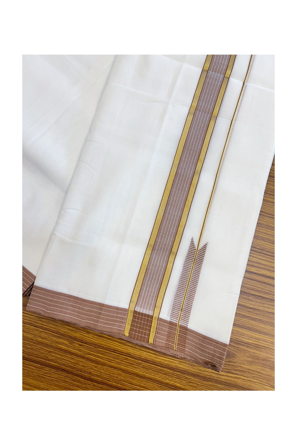25% Discount! NEW ULTRA PURE WHITE HANDLOOM Balaramapuram - 100% Mercerised Cotton Double Mundu/Dhoti - 120 twisted warp x 80s weft - 1.5 inch Puliyilakkara Gold Kasavu & Sand Brown Striped Chutty Kara- 1KK5209 REA