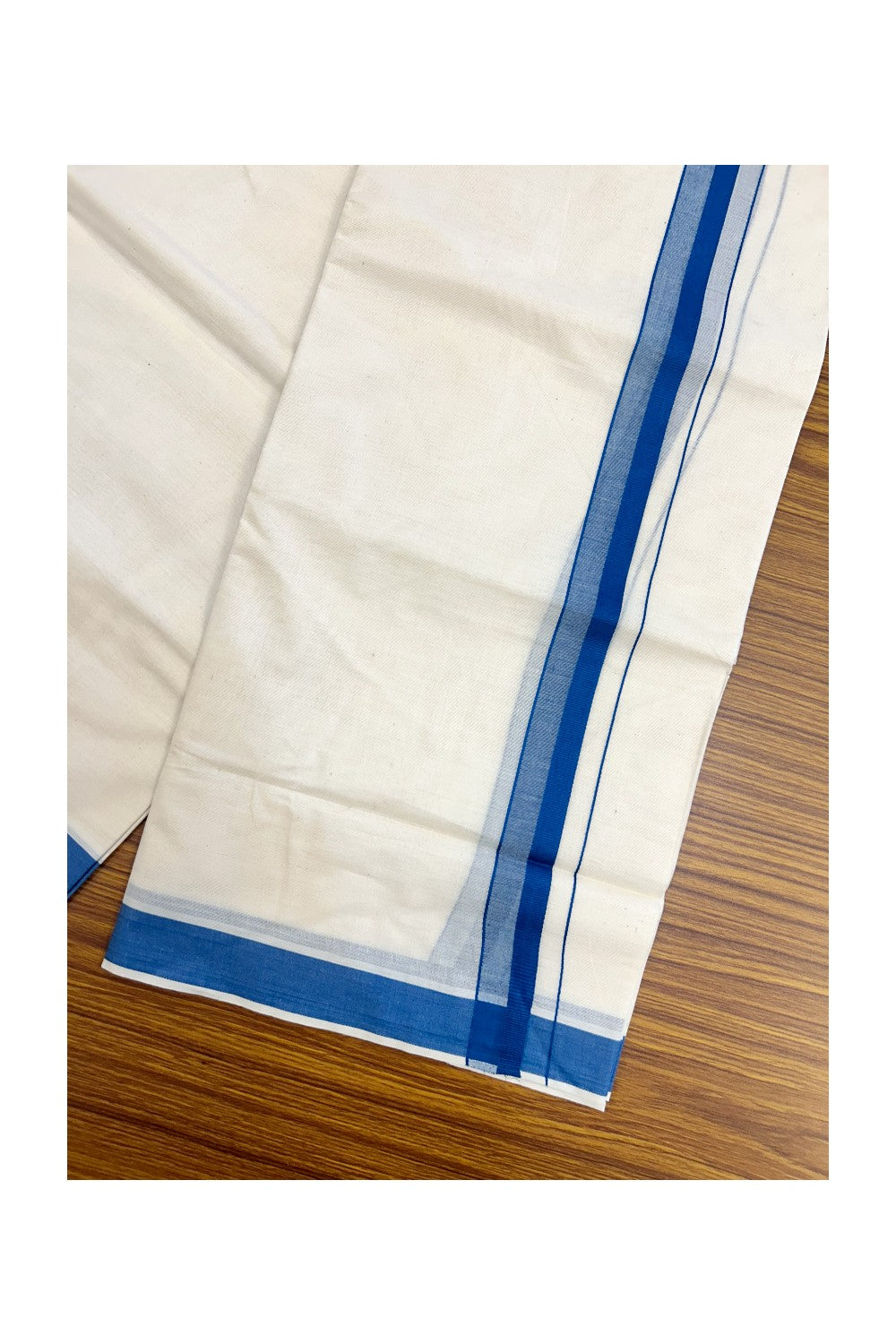24% Discount ! KaithariKada Balaramapuram 100% Cotton Double OFF WHITE- (Unbleached) - Mundu / Dhoti- 100x80 - 1.5 inch Peacock Blue Kara - 1KK5214 MC