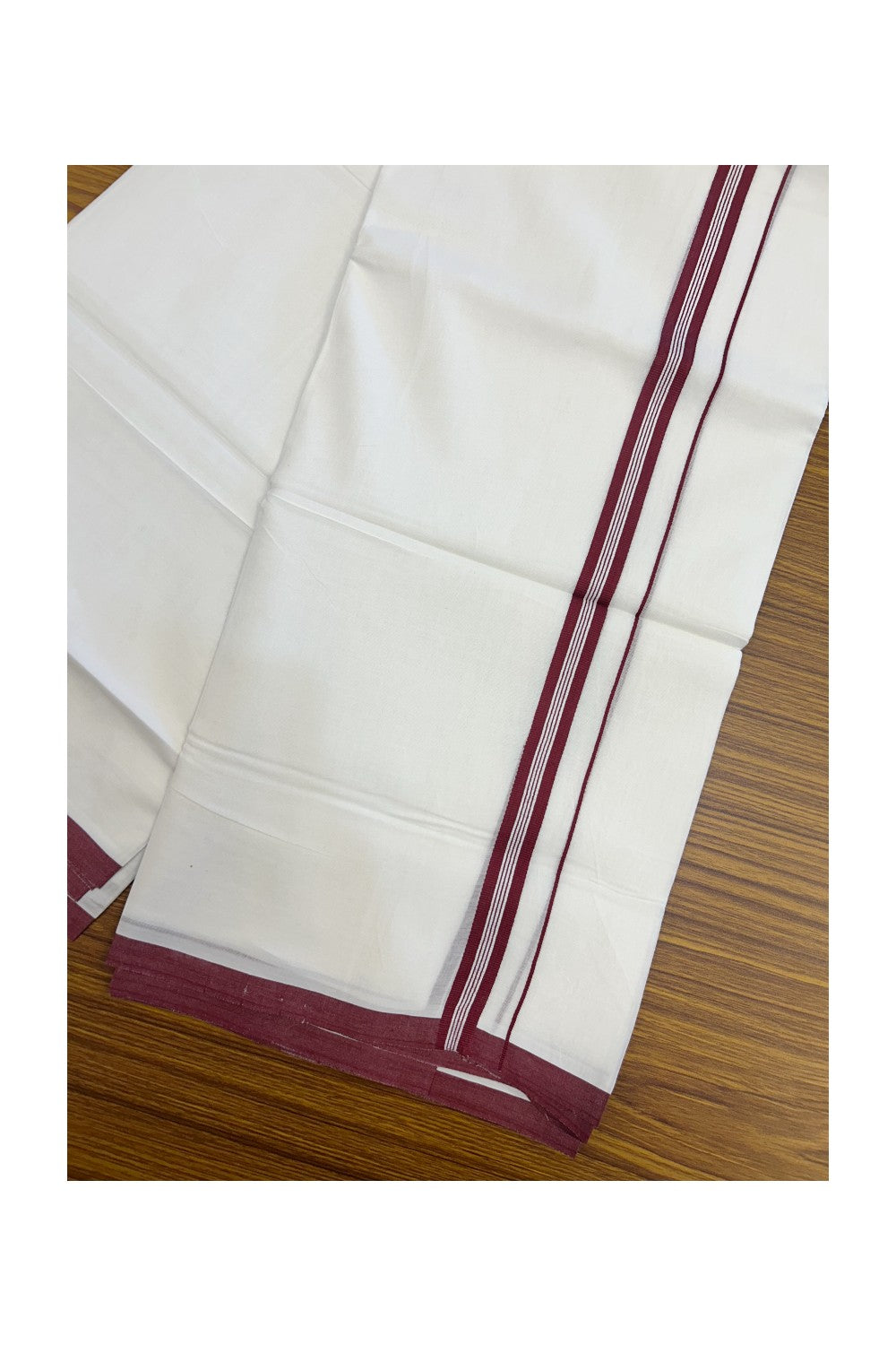 20% Discount ! Kaitharikada Balaramapuram 100% Cotton PURE WHITE Double Mundu/Dothi - 100x80 - 0.75 inch Marron Striped Kara - 1KK5217 CKS