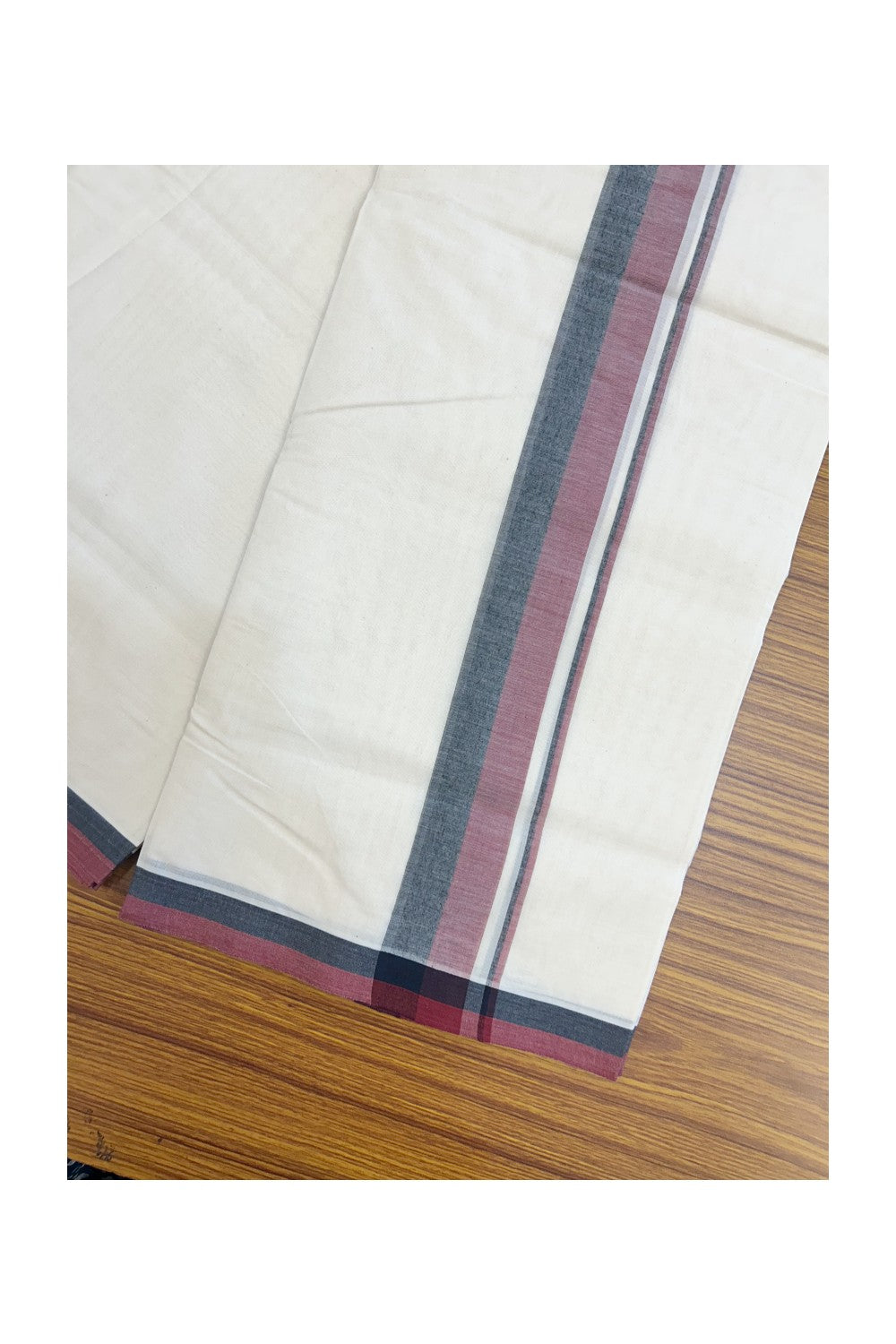 DMK Veshti - 20% DISCOUNT! KaithariKada 100% Cotton off white Double - (Unbleached) Mundu/Dhoti - 100X100 - 1.75 inch Black & Maroon shaded kara - 4 mtr (8.5 muzham)- 1KK5228 ASH
